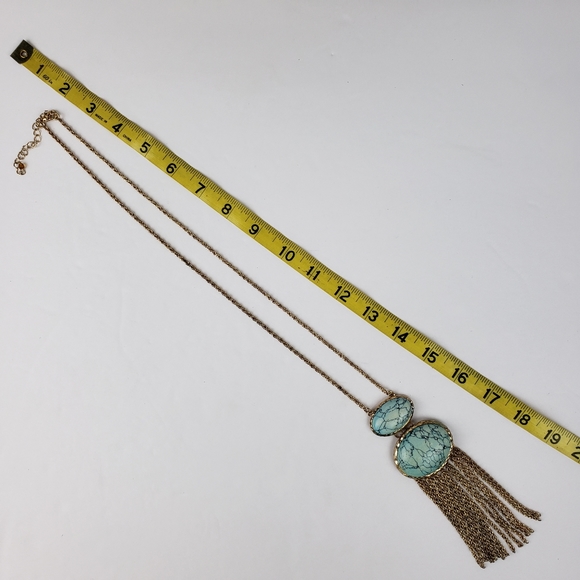 Faux Turquoise Pendant Rope Chain Fringe Long Statement Necklace Boho Vintage - Picture 7 of 9